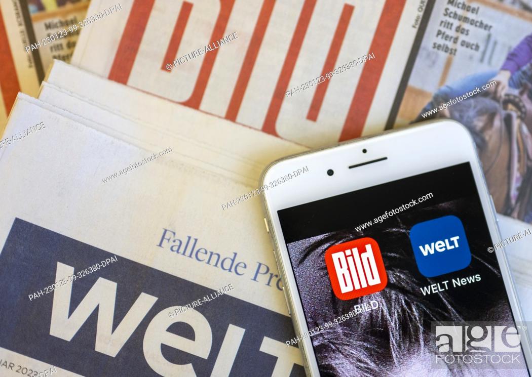 Stock Photo: ILLUSTRATION - 23 January 2023, Berlin: The apps of the newspapers ""Bild"" and ""Die Welt"" can be seen on the screen of a smartphone.