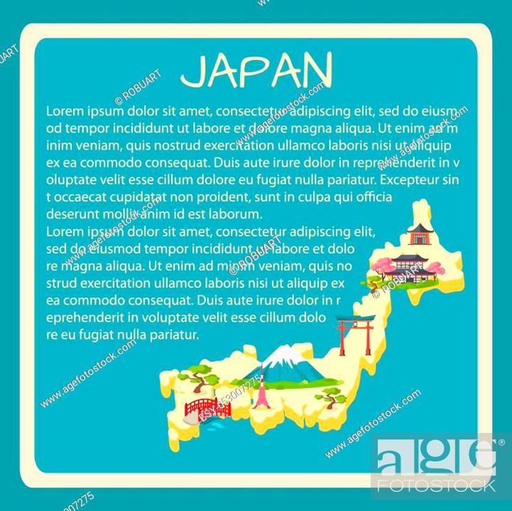 Vector: Japan framed touristic banner with sample text. Japaneses national, architectural, nature symbols on country map silhouette vector illustration.