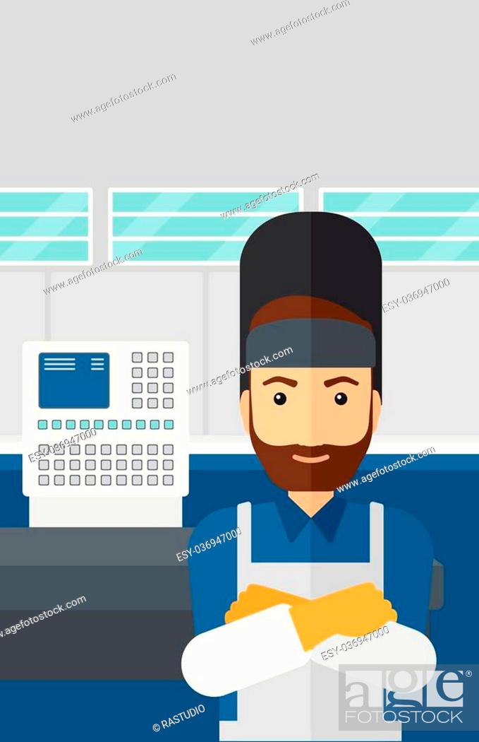Stock Vector: A hipster welder with the beard at factory workshop background vector flat design illustration. Vertical layout.