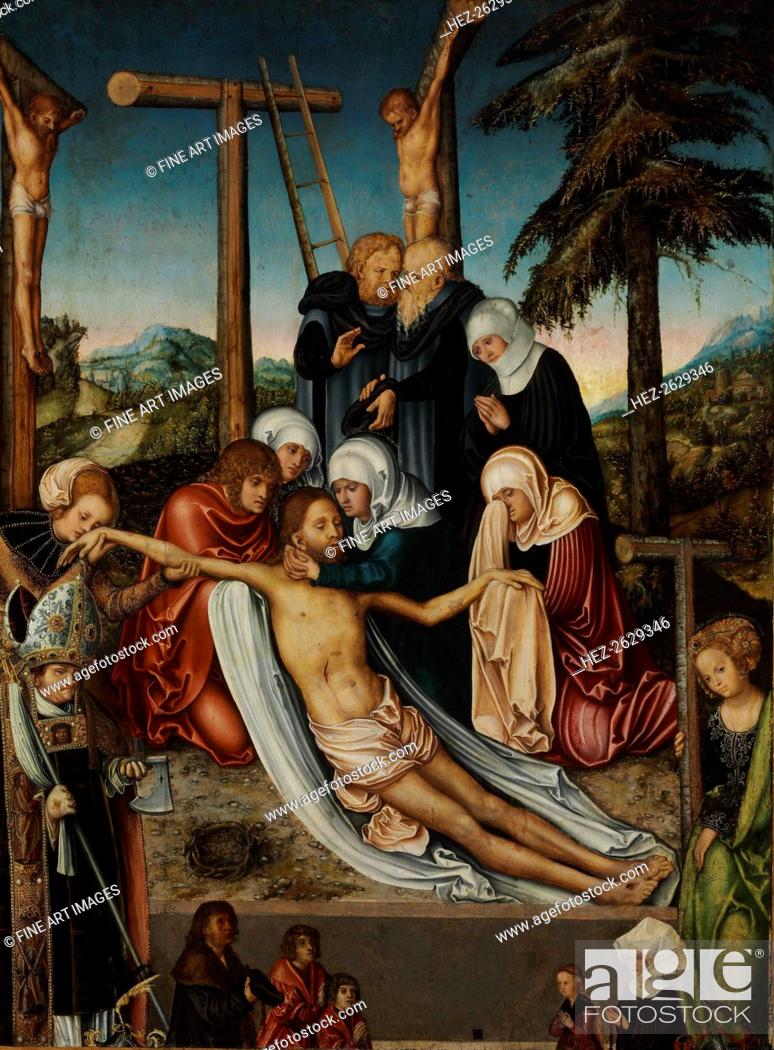 Stock Photo: The Lamentation over Christ with Saints Wolfgang and Helena, c. 1525. Artist: Cranach, Lucas, the Elder (1472-1553).