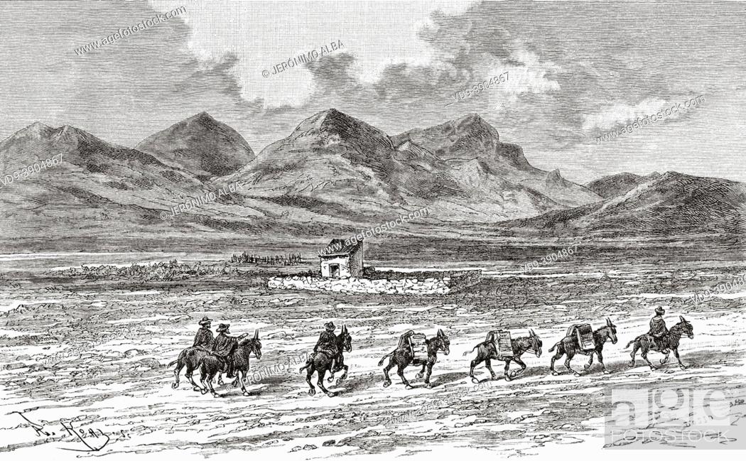 Stock Photo: La Quebrada de Humahuaca. Argentina, South America. Old 19th century engraved illustration, Expedition to the Pilcomayo Delta by French explorer Emile Arthur.