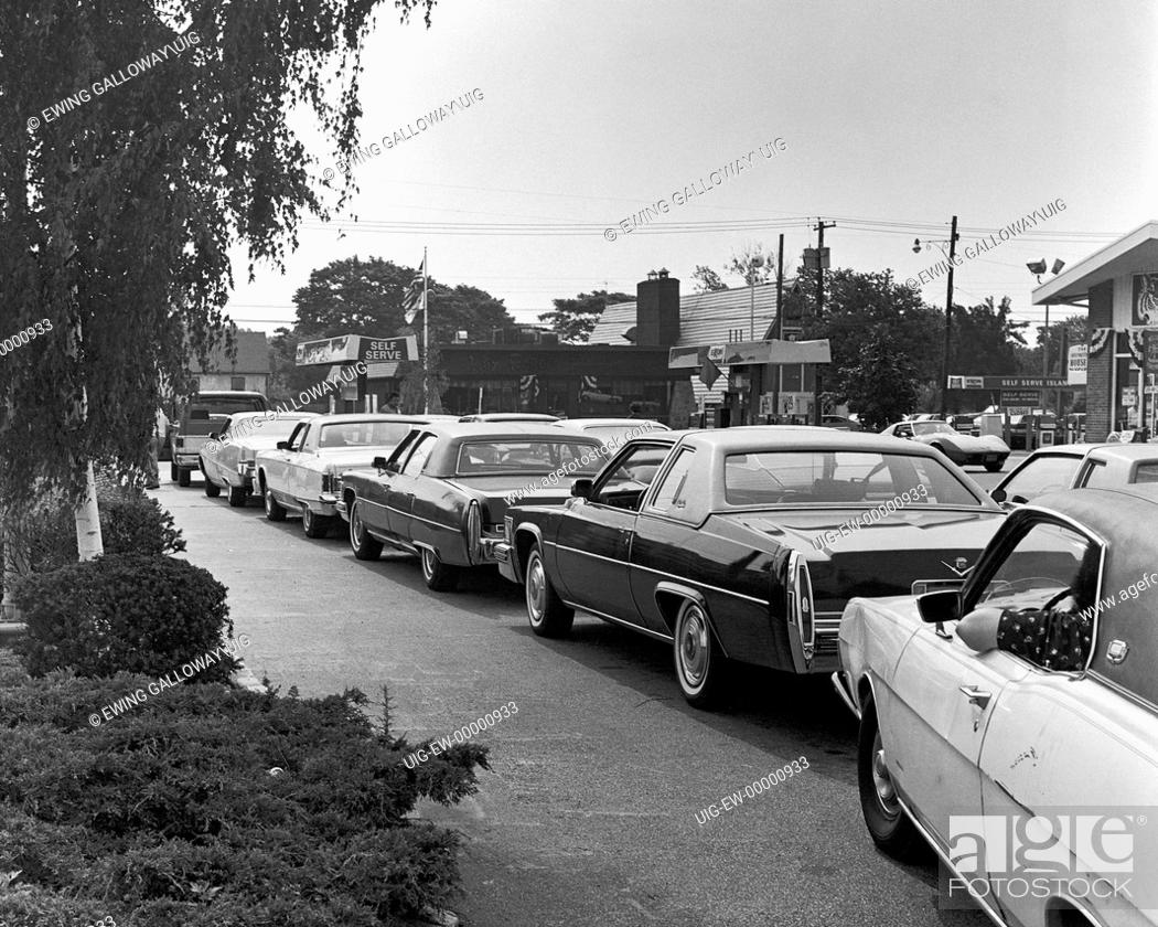 Cars Lining Up To Get Petrol From Petrol Station 1950s 60s Black
