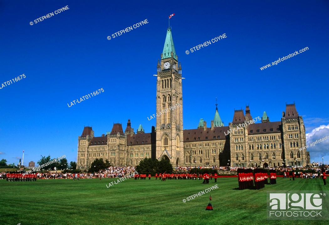 Stock Photo: The current building on Parliament hill was rebuilt after a fire in 1916 and the Centre Block was completed in 1922, the centrepiece of which is a Gothic.