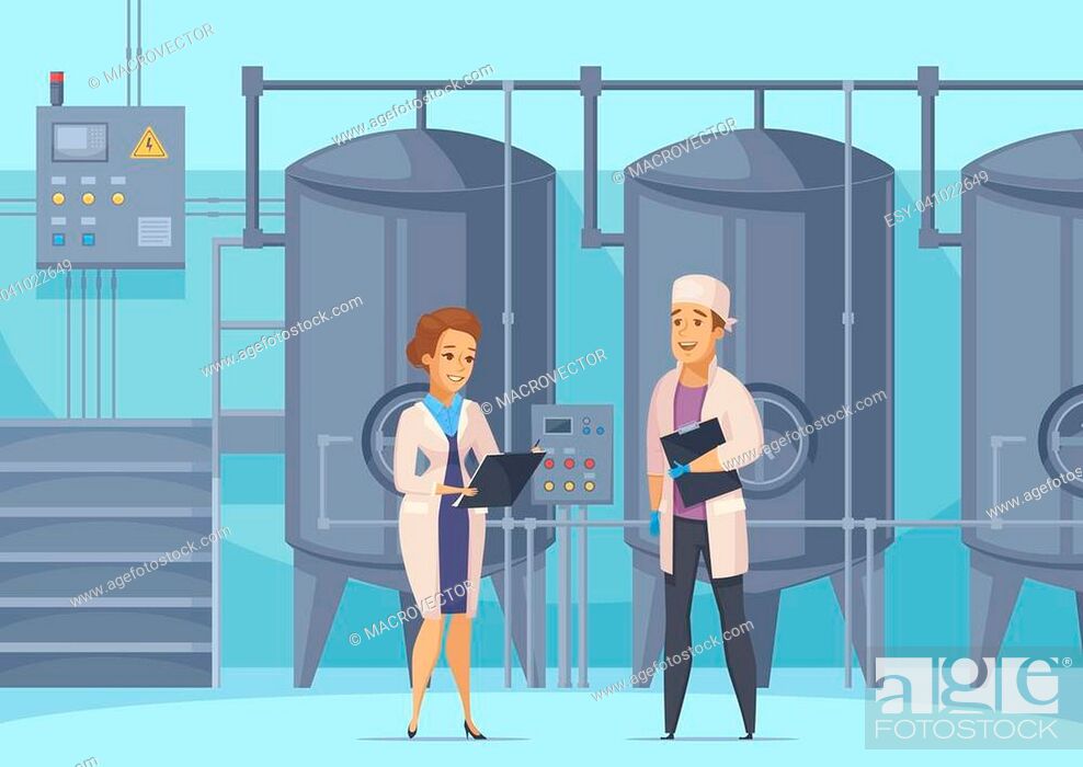 Dairy production cartoon composition with factory workers on background of  tanks for milk..., Stock Vector, Vector And Low Budget Royalty Free Image.  Pic. ESY-041022649 | agefotostock