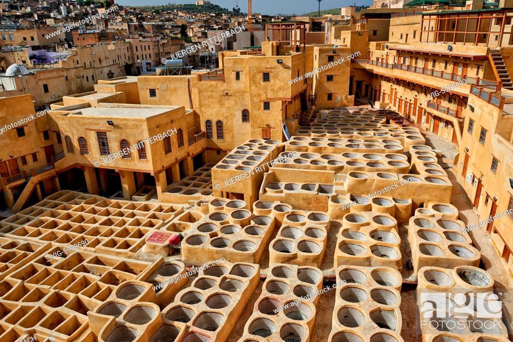 Stock Photo: MOROCCO, FEZ, 23.05.2016, refurbished Chouwara traditional leather tannery in Old Fez, Morocco, Africa - Fez, Morocco, 23/05/2016.