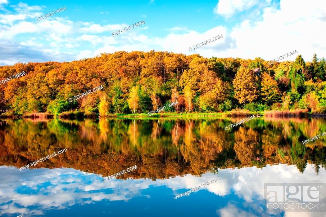 Stock Photo: Beautiful scenery of autumn forest near lake. Sunny weather with colorful trees and blue sky, reflecting in calm water. Exploring native lands.