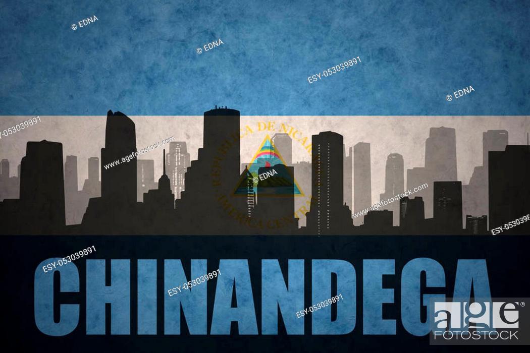 Stock Photo: abstract silhouette of the city with text Chinandega at the vintage nicaraguan flag background.