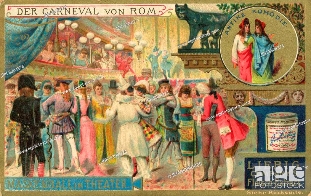 Stock Photo: Picture series The Carnveal of Rome, Italy, Masked Ball in the Theatre, Historical, digitally restored reproduction of a collector's picture from ca 1900.