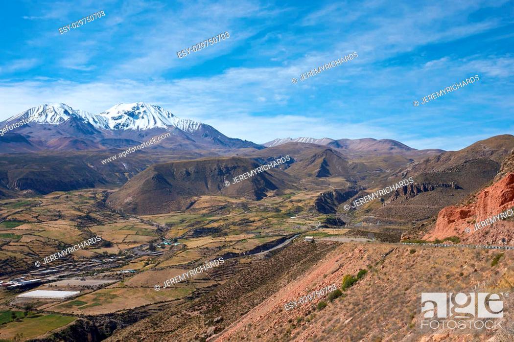 Stock Photo: Small town of Putre in the Arica and Parinacota region of northern Chile. The small town sits in a fertile valley below the dormant Taapaca volcano (5860 m).