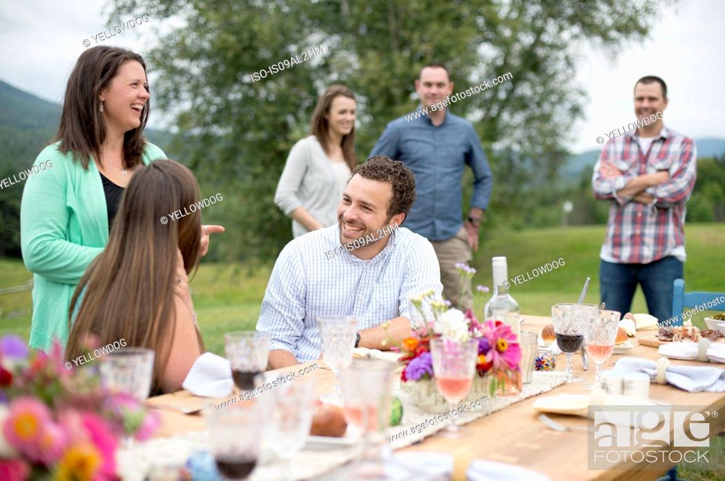Stock Photo: Family and friends gathered around, talking, at the end of a meal, outdoors.