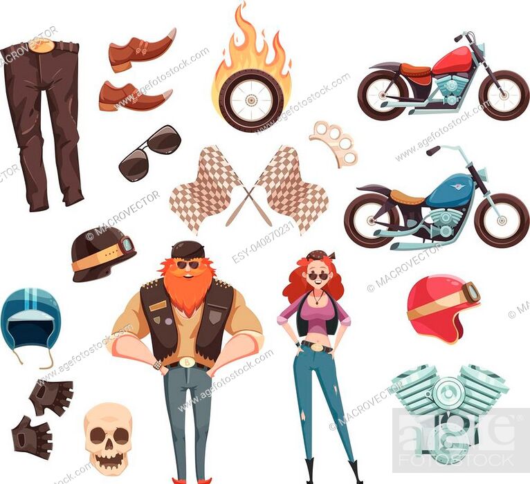 Retro cartoon rider set of bikers wear accessories roadster motorcycles and  two flat doodle human..., Stock Vector, Vector And Low Budget Royalty Free  Image. Pic. ESY-040870231 | agefotostock