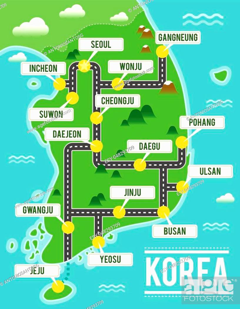 Cartoon vector map of South Korea. Travel illustration with south korean  main cities, Stock Vector, Vector And Low Budget Royalty Free Image. Pic.  ESY-048293709 | agefotostock