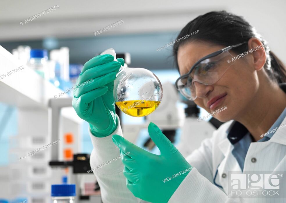 Stock Photo: Biotech Research, Scientist swirling a chemical formula in a laboratory flask during a experiment.
