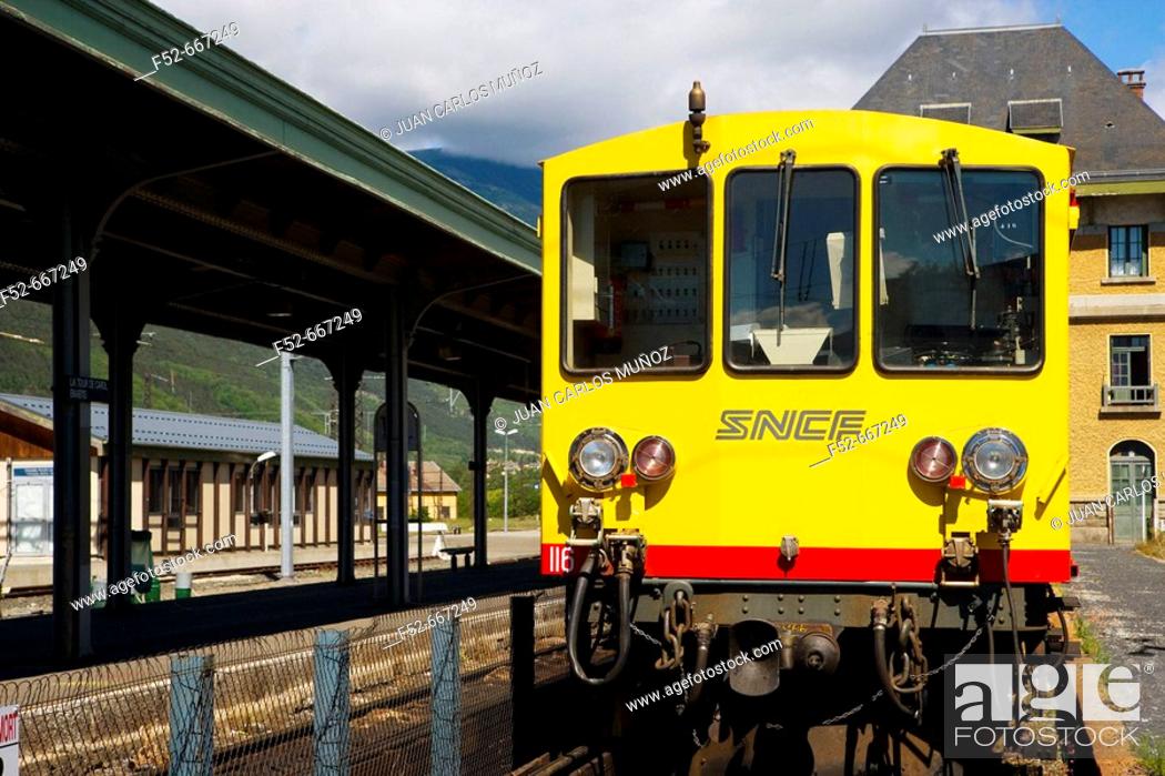 Stock Photo: France. Pyrenees Mountains. French Cerdagne. La Tour de Carol. 'Le Train Jaune' (the yellow train).