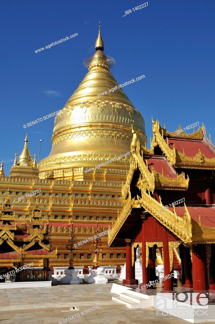 Stock Photo: Shwezigon Pagoda, Nyaung U, Bagan, Burma, Myanmar, Southeast Asia.