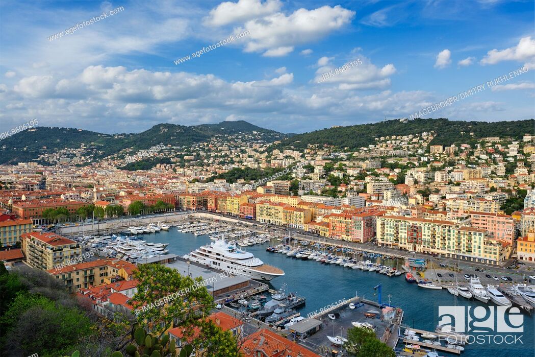 Stock Photo: View of Old Port of Nice with luxury yacht boats from Castle Hill, France, Villefranche-sur-Mer, Nice, Cote d'Azur, French Riviera, Europe.