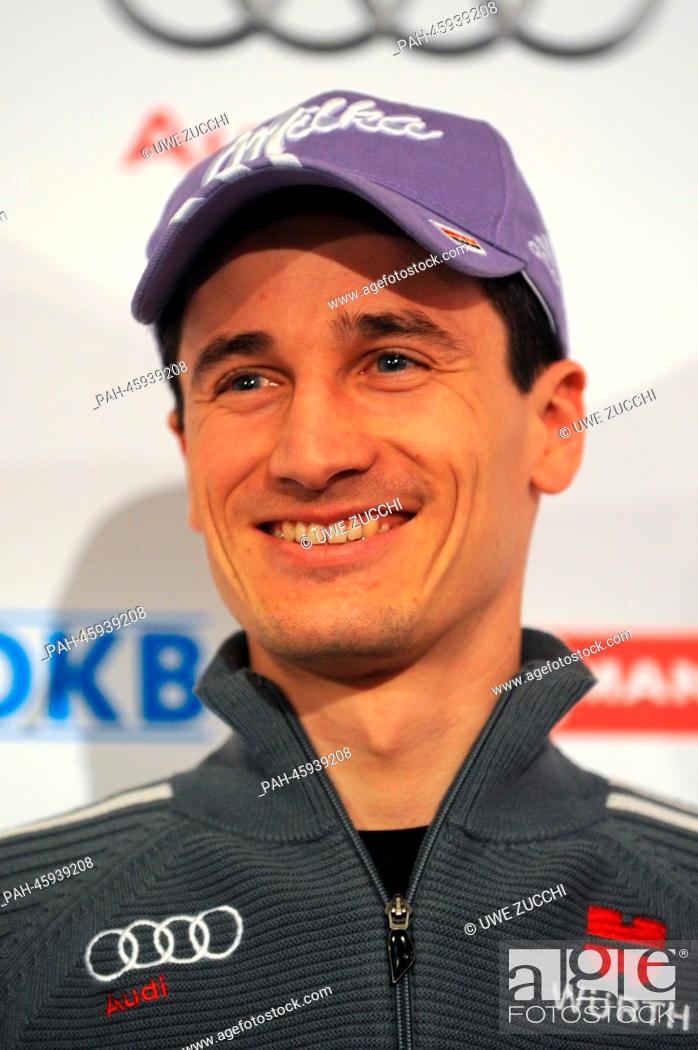 Stock Photo: German ski jumper Martin Schmitt smiles during his farewell press conference in Willingen, Germany, 31 January 2014. The four-time ski jumping world champion.