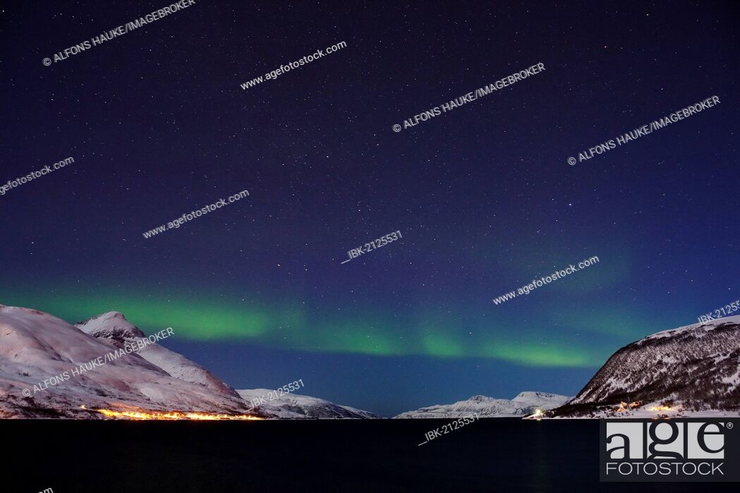 Stock Photo: Northern lights over the Kaldfjord, Kvaloya, Tromsø or Tromso, Norway, Europe.