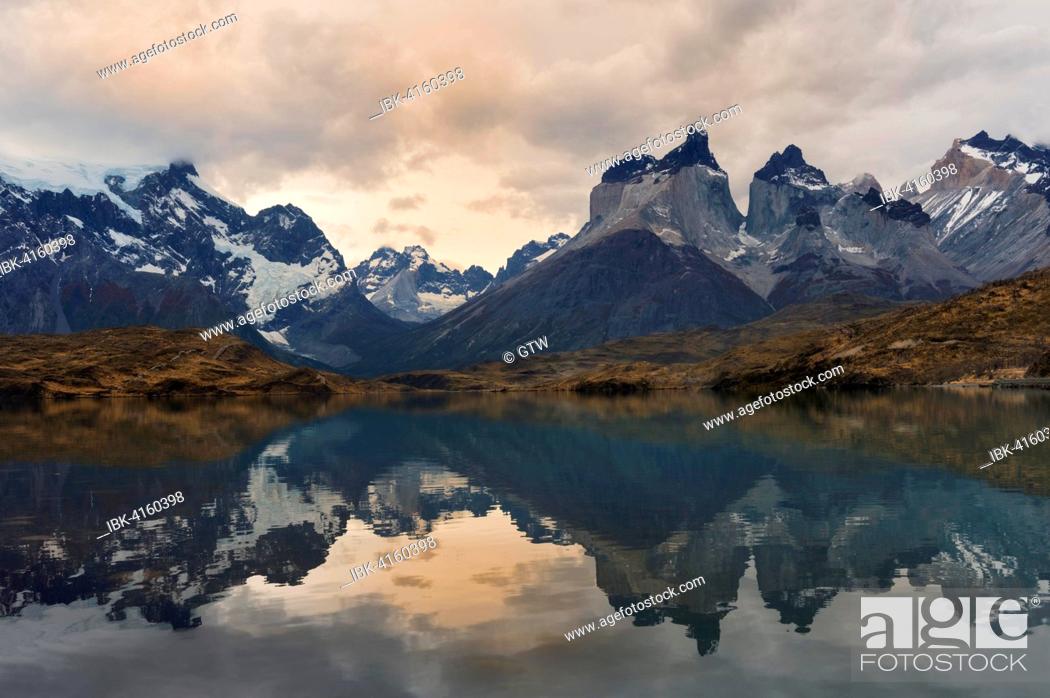 Stock Photo: Cuernos del Paine reflecting in Lago Pehoe, Torres del Paine National Park, Chilean Patagonia, Chile.
