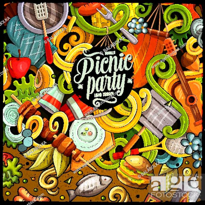 Cartoon cute doodles hand drawn picnic frame design. Colorful detailed,  Stock Vector, Vector And Low Budget Royalty Free Image. Pic. ESY-043742133  | agefotostock