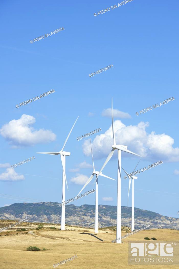 Stock Photo: Wind turbines for electric power production, Zaragoza province, Aragon in Spain.