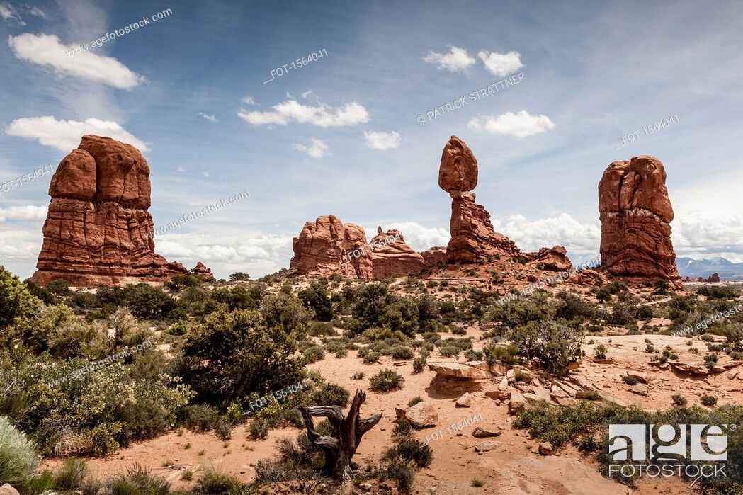 Stock Photo: Scenic view of rock formations in landscape, Arches National Park, Moab, Utah, USA.