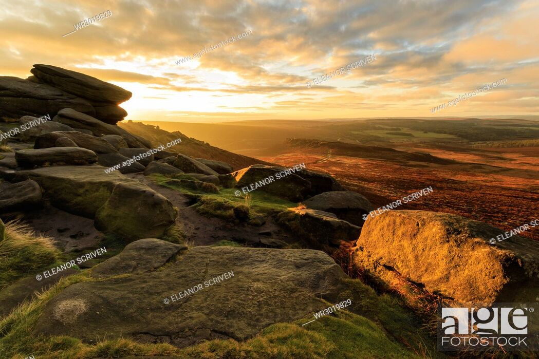 Stock Photo: Carl Wark Hill Fort and Hathersage Moor from Higger Tor, sunrise in autumn, Peak District National Park, Derbyshire, England, United Kingdom, Europe.