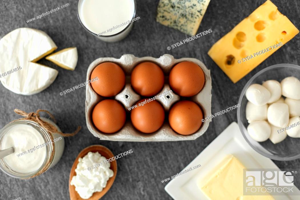 Stock Photo: milk, yogurt, eggs, cottage cheese and butter.