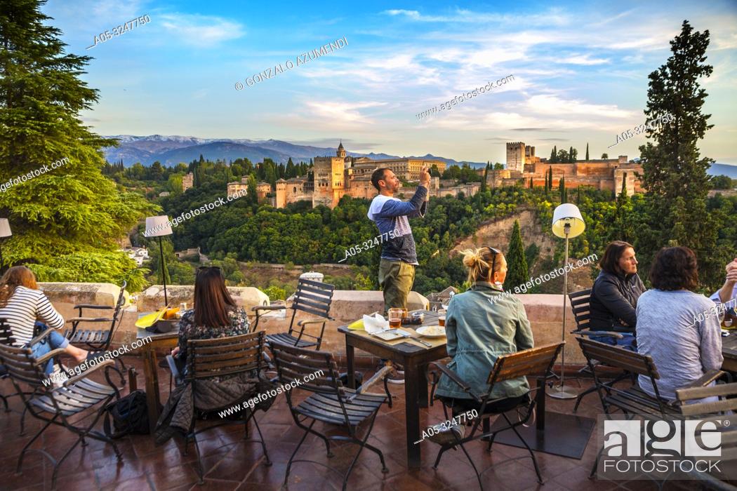 Stock Photo: View of the Alhambra from the restaurant El Huerto de Juan Ranas, in the Granada neighborhood of the Albaicín.