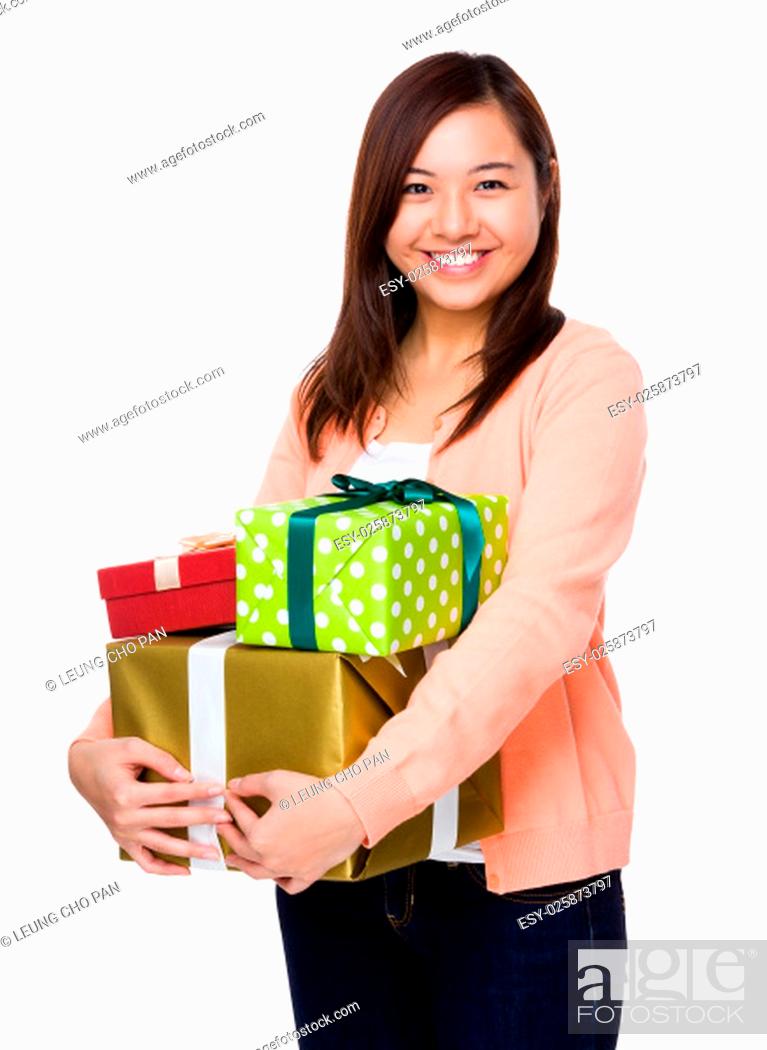 Stock Photo: Asian young woman hold with lots of present box.