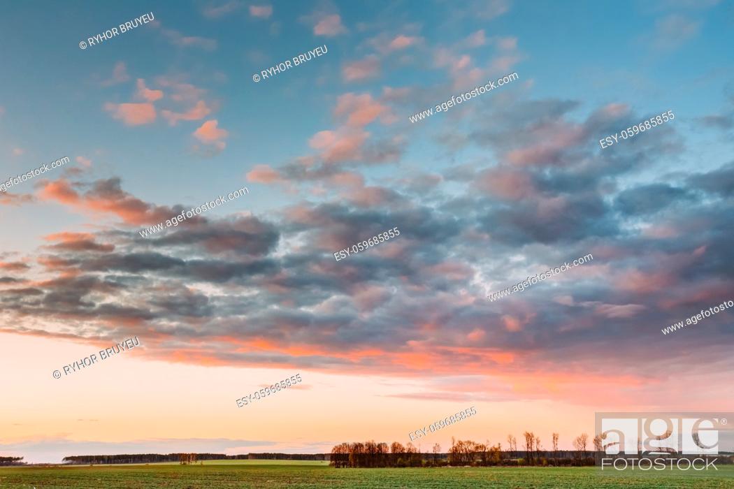 Imagen: Natural Sunset Sunrise Over Field Or Meadow. Bright Dramatic Sky Over Green Ground. Countryside Landscape Under Scenic Colorful Sky At Sunset Dawn Sunrise.