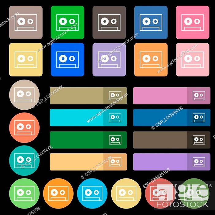 Stock Vector: cassette sign icon. Audiocassette symbol. Set from twenty seven multicolored flat buttons. Vector.