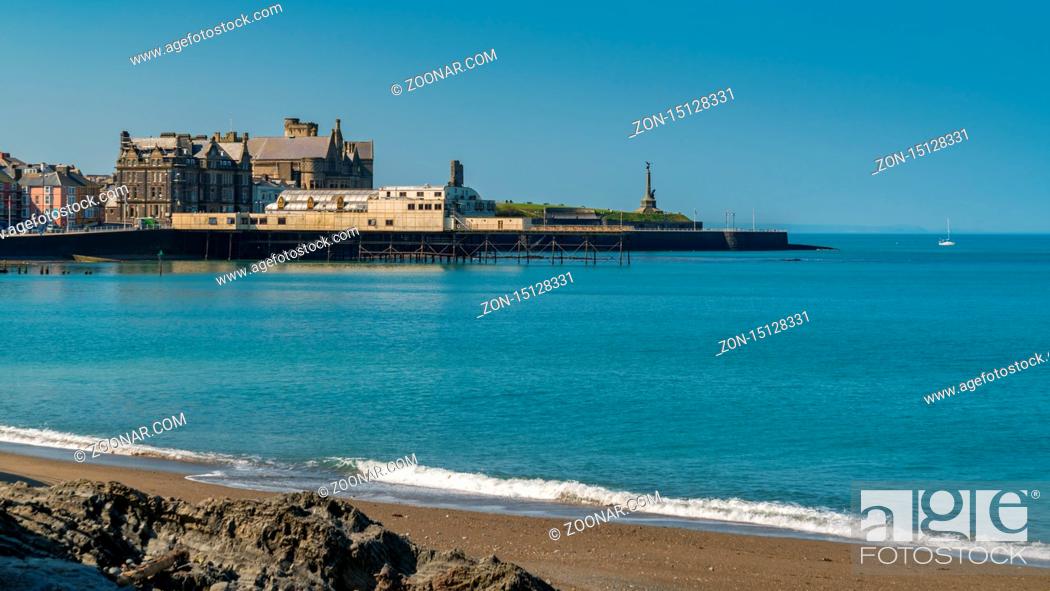 Stock Photo: Aberystwyth, Ceredigion, Wales, UK - May 25, 2017: View over the beach, the pier and the old University College.