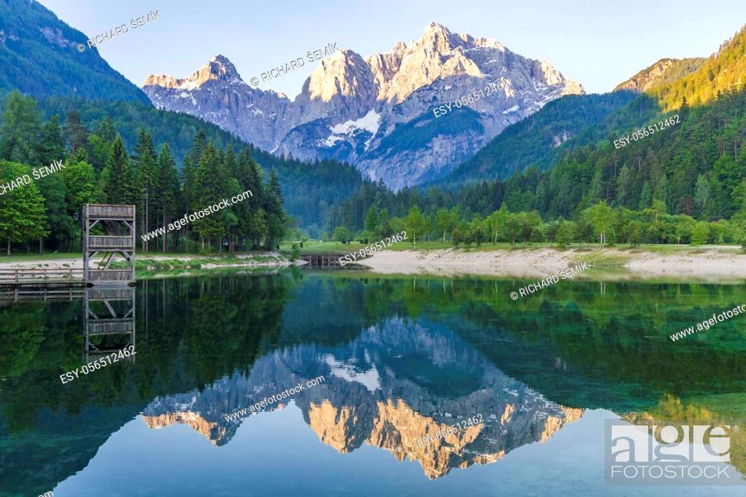 Stock Photo: Lake and mountains near the village Kranjska Gora in Triglav national park, Slovenia.