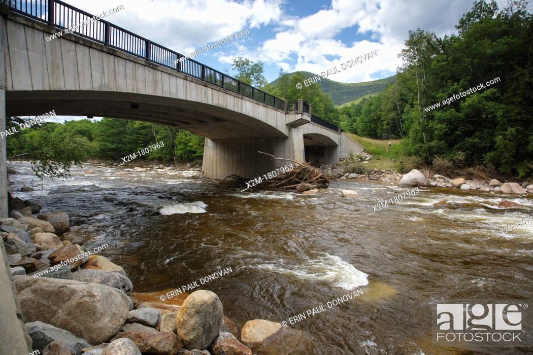 Stock Photo: The Route 112 bridge, which crosses the the East Branch of the Pemigewasset River, in Lincoln, New Hampshire USA after Tropical Storm Irene in 2011  This.