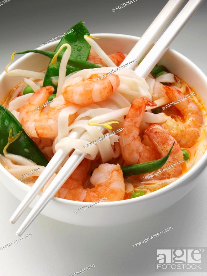 Stock Photo: Laksa Rice noodle soup with prawns, S.E. Asia.