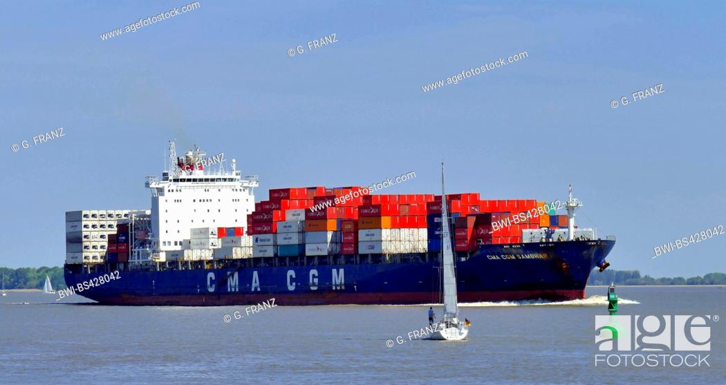Stock Photo: container ship CMA CGM Sambhar on Lower Elbe near Stadersand, Germany, Lower Saxony, Stade.