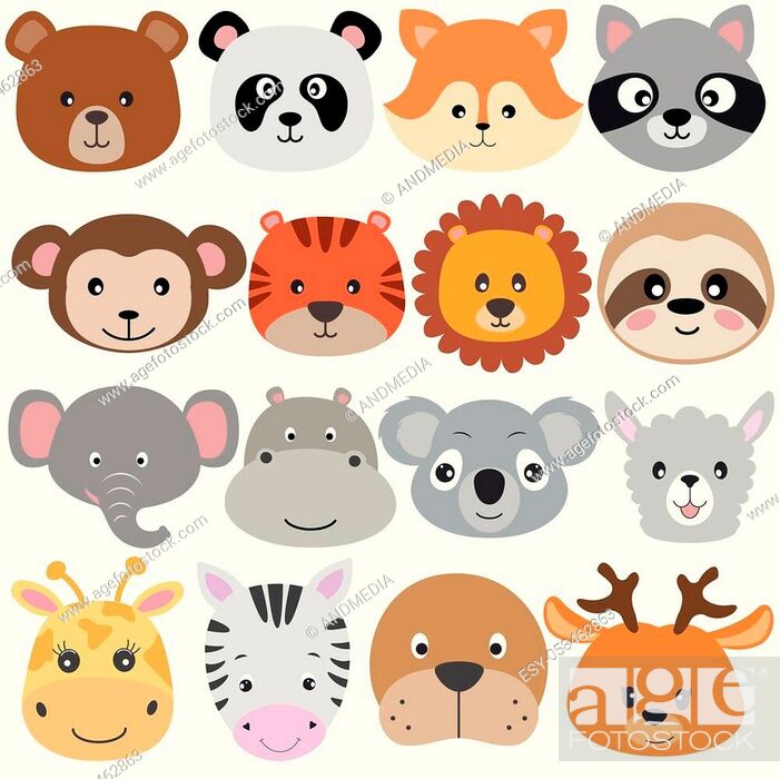 Cute cartoon animals bear, koala, fox, raccoon, monkey, tiger, sloth,  elephant, hippo, Stock Vector, Vector And Low Budget Royalty Free Image.  Pic. ESY-058462863 | agefotostock