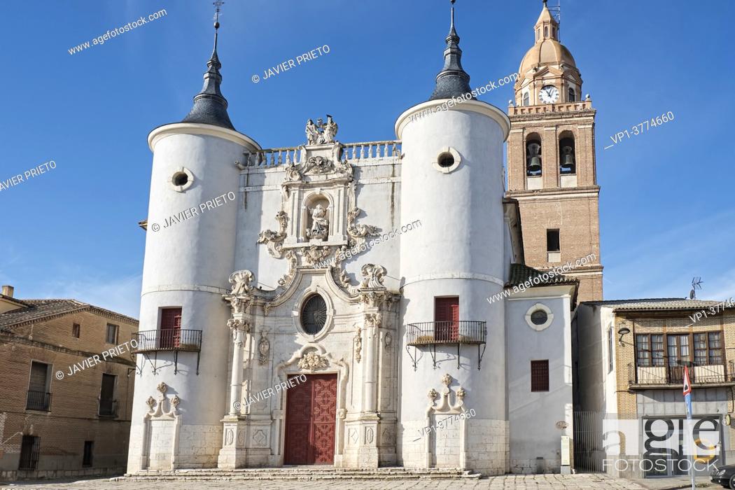 Stock Photo: Church of Santa María de la Asunción, in Rueda. Road to Santiago del Sureste as it passes through the province of Valladolid. Castile and Leon. Spain.