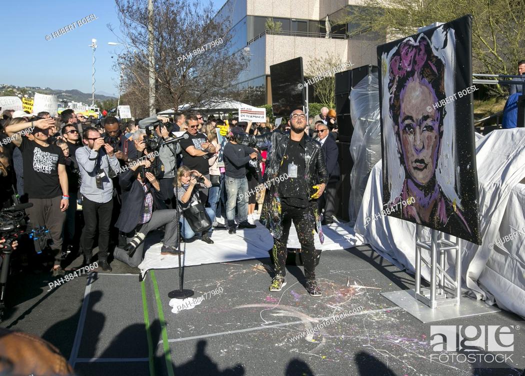 Stock Photo: Action Painter David Garibaldi performs at United Talent Agency's United Voices Rally against Donald Trump's politics at UTA Plaza in Beverly Hills.