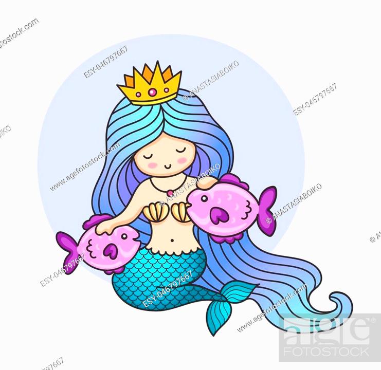 Little princess mermaid with long blue hair and crown, sitting on the  seabed with two fish, Stock Vector, Vector And Low Budget Royalty Free  Image. Pic. ESY-046797667 | agefotostock