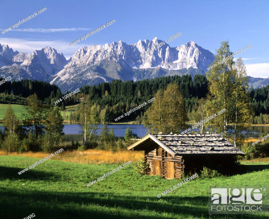 Stock Photo: 10080402, scenery, near Kitzbühel, mountains, Austria, Europe, barn, Schwarzsee, lake, Tyrol, Wilder Kaiser,.