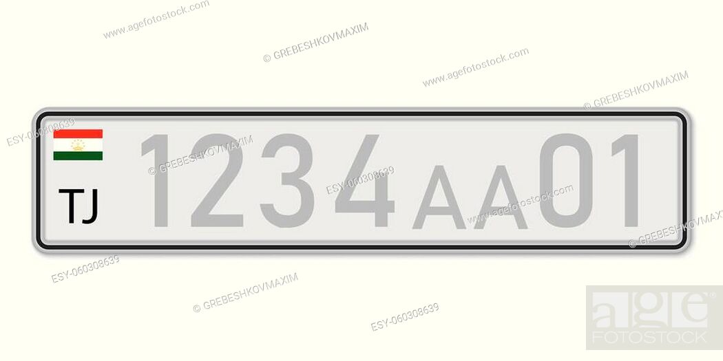 Stock Vector: Car number plate. Vehicle registration license of Tajikistan. European Standard sizes.