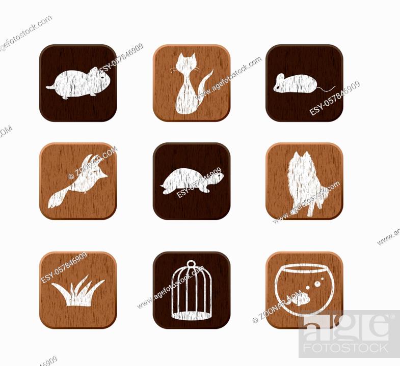 Stock Photo: Pet shop wooden icons set with pets silhouettes. vector illustration eps8.