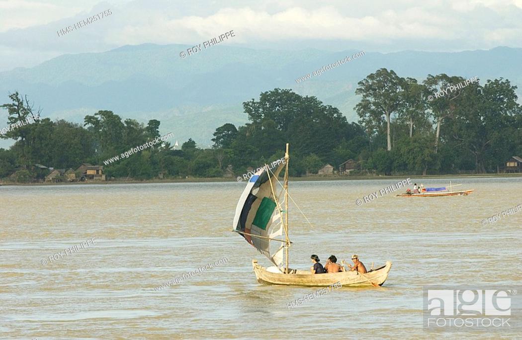 Stock Photo: Myanmar Burma, Mandalay Division, sampan dugout on Irrawaddy River.