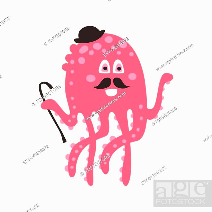 Cute cartoon pink octopus gentleman character with mustache and black hat,  Stock Vector, Vector And Low Budget Royalty Free Image. Pic. ESY-043818872  | agefotostock