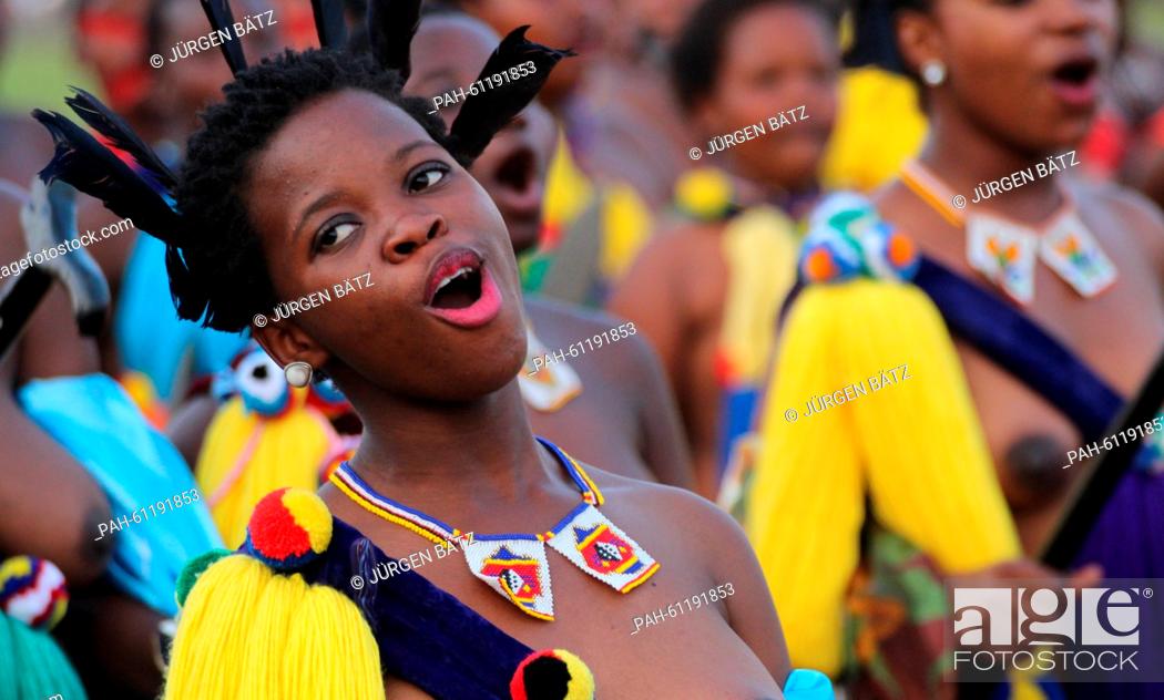 Stock Photo: Young women rehearse the Umhlanga dance in Ludzidzini, Swaziland, 30 August 2015. The traditional Umhlanga or Reed dance.