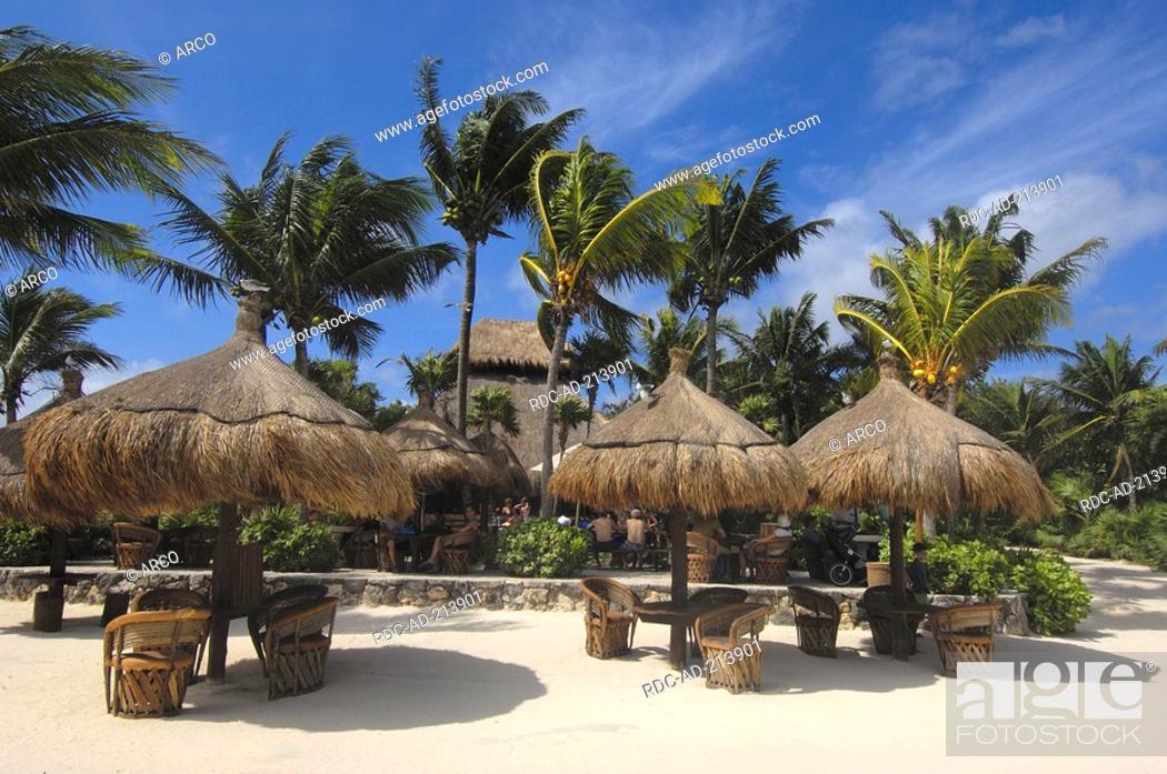 Stock Photo: Sunshades and chairs on beach, beach area, Xcaret Ecological Park, near Playa del Carmen, Riviera Maya, Quintana Roo, Yucatan, Mexico.