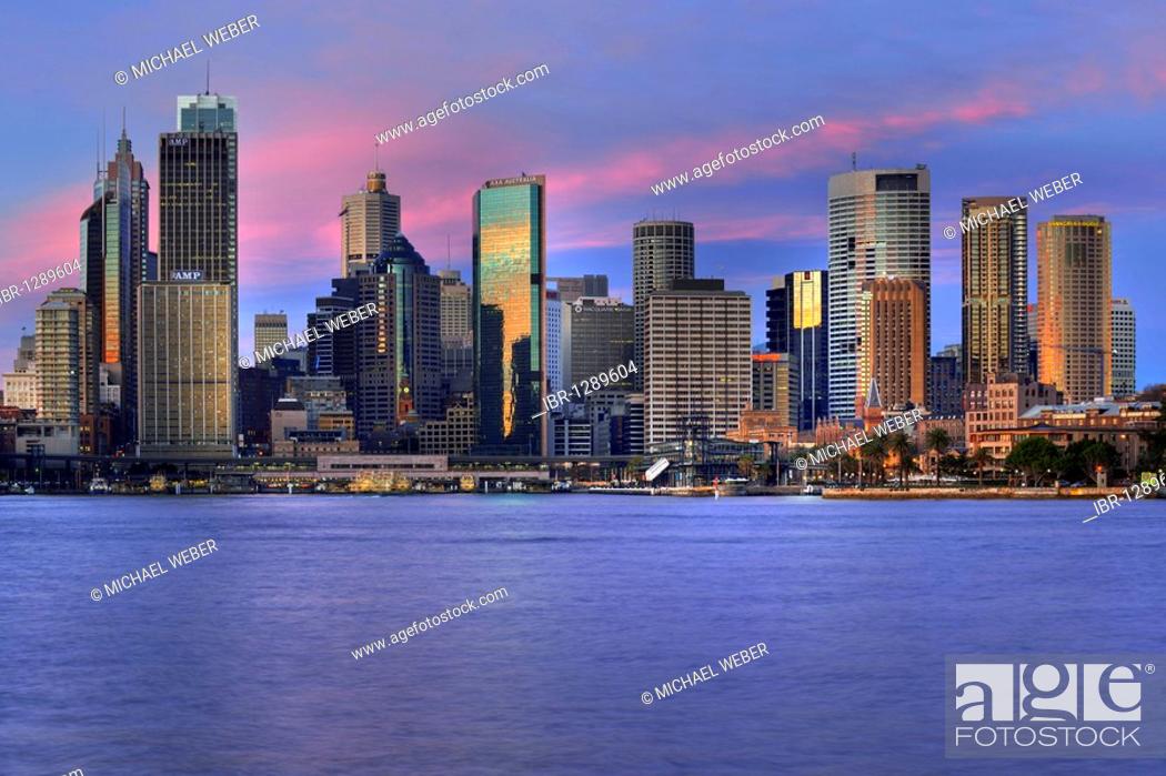 Stock Photo: View of Sydney Cove in the morning light, Circular Quay, port, Sydney skyline, Central Business District, Sydney, New South Wales, Australia.