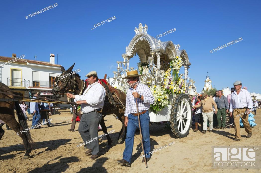 Stock Photo: Lavishly decorated cart during the annual Pentecost pilgrimage of El Rocio. Huelva province, Andalusia, Spain.